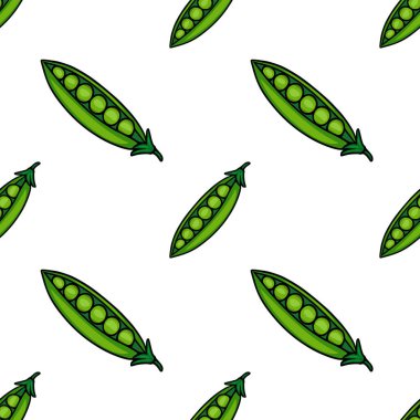 Canlı detaylara sahip el yapımı yeşil bezelye kabuklarının kusursuz vektör deseni, taze gıda paketleme veya bahar temalı tasarımlar için mükemmel..