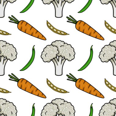 Elle çizilmiş havuç, brokoli, yeşil fasulye ve bezelye örneklerini içeren kusursuz vektör deseni canlı ve sağlıklı bir besin tasarımı yaratıyor..
