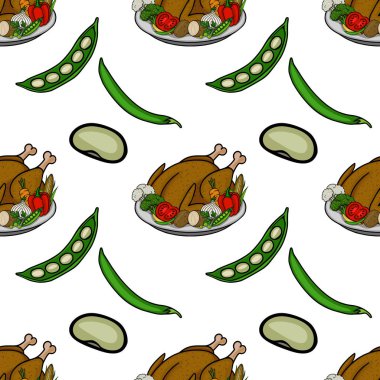 Lezzetli bir vektör kusursuz desenli. Kızarmış hindiyi bezelye, fasulye ve mısır da dahil olmak üzere çeşitli sebzelerle birlikte Şükran Günü temalı tasarımlar için ideal, el değmemiş beyaz bir arka planda sergiliyor..