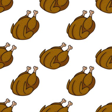 Kızarmış tavuklar içeren kusursuz vektör deseni, Şükran Günü veya sonbahar temalı tasarımlar için idealdir, kahverengi ve beyaz paletli neşeli bir çizgi film tarzı sergiler.