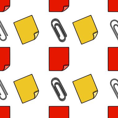 Sarı ve kırmızı yapışkan notlar ve metal ataçlar içeren kusursuz vektör deseni, kırtasiye veya iş temalı projeler için ideal bir ofis malzemesi tasarımı yaratmak.