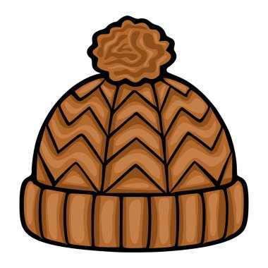 Kahverengi örülmüş, ponpon şapkalı bir kış şapkasının vektör çizimi, bir simge deseni ve tırtıklı bir manşet, çizgi film tarzında sunuluyor..