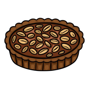Çok sayıda kavrulmuş fıstıkla kaplı lezzetli bir çikolatalı turtanın vektör çizimi. Detaylı, karikatüre benzer, kahverengi ve bej renkli..