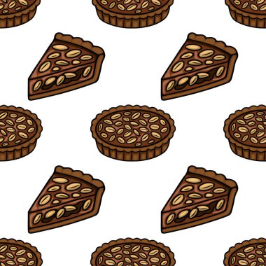 Lezzetli çikolatalı fıstık ezmeli turta dilimlerinin kusursuz vektör deseni ve tüm turtalar, pastane ambalajı ya da tatlı menüsü tasarımı için mükemmel..