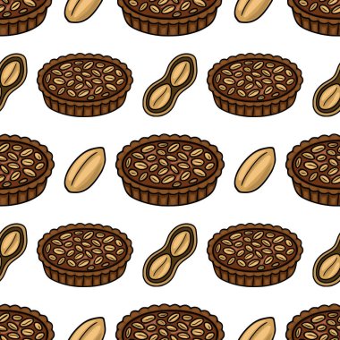Lezzetli çikolatalı fıstık ezmeli tartlar ve fıstıklardan oluşan kusursuz vektör deseni ambalaj, tekstil ve yiyecekle ilgili tasarımlar için mükemmel..