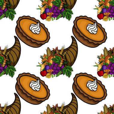 Balkabakları, üzümler ve armutlarla dolu canlı sonbahar cornucopia içeren kusursuz bir vektör deseni, üzerine krema sürülmüş lezzetli balkabağı turtaları, neşeli bir Şükran Günü tasarımı yaratıyor..