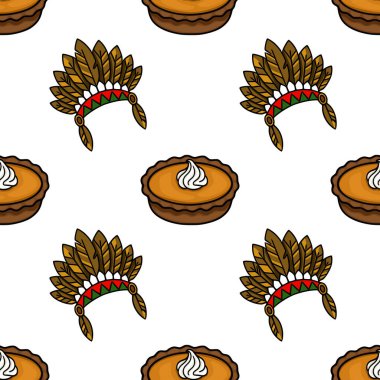 Kusursuz vektör deseni, lezzetli bir balkabağı turtasının, kremalı ve geleneksel Amerikan yerlisi başlıklı alternatif görüntülerini içeriyor, eşsiz bir Şükran Günü temalı tasarım yaratıyor..