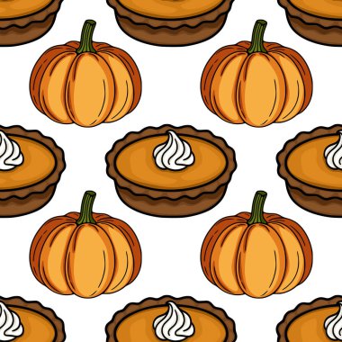 Canlı turuncu balkabaklarının ve kremayla kaplı lezzetli balkabağı turtalarının el yapımı çizimlerini içeren kusursuz vektör deseni, Şükran Günü için mükemmel bir sonbahar tasarımı yaratıyor....