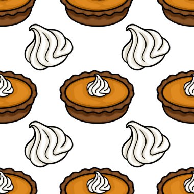 Mükemmel el yapımı balkabağı turtalarına sahip kusursuz bir vektör deseni krem şanti ile kaplanmış mevsimlik projeler için mükemmel bir sonbahar tasarımı yaratıyor..