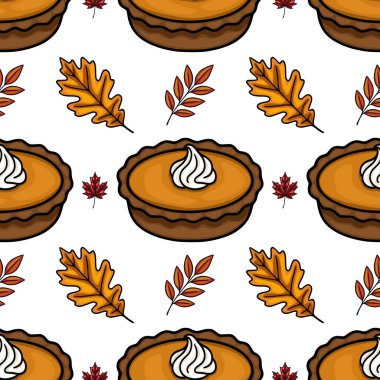 Balkabağı turtalarının krem şantiyle süslendiği, ılık turuncu ve kırmızı renkte sonbahar yapraklarıyla tamamlanmış ve neşeli ve samimi bir ortam oluşturan hoş bir vektör deseni..