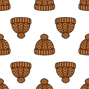 Ponponlu kahverengi örülü kış şapkalarının kusursuz vektör deseni, bir simge dikiş tasarımı, tekstil baskıları veya kış temalı projeler için ideal.