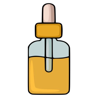 Deri veya kozmetik serumu temsil eden altın sıvıyla dolu bir şişe damlatıcısının minimalist vektör çizimi.