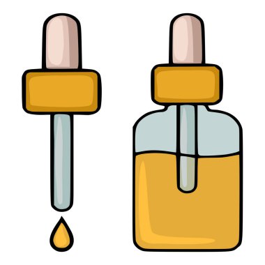 Düşen damlası olan bir serum damlasının basit bir vektör çizimi ve altın sıvıyla dolu bir serum şişesi, kozmetik ve güzellik markalaşması için ideal..