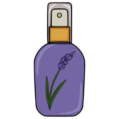 Minimalist dizaynlı lavanta desenli sprey şişesinin büyüleyici vektör çizimi.