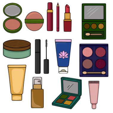 Baskı pudrası, ruj, maskaralar, göz farı paletleri ve cilt tüpleri gibi çeşitli makyaj malzemelerinden oluşan çekici bir vektör koleksiyonu....