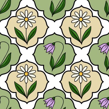 Dörtlü folyo arka planında yeşil yapraklı narin papatyalar ve çan çiçeklerinin kusursuz vektör deseni.