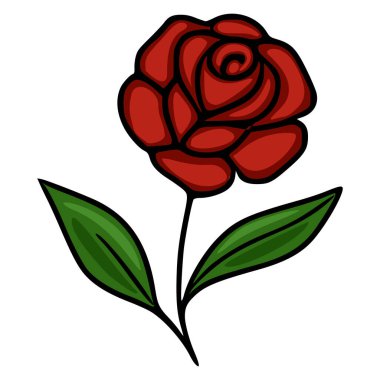 Yeşil yapraklı stilize kırmızı gül, yalıtılmış yalıtılmış vektör çizgileri ve ince gölgeleme.