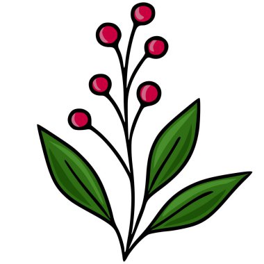 Canlı kırmızı böğürtlenler ve koyu siyah yapraklarla özetlenmiş yemyeşil yapraklı bir filizin büyüleyici bir temsili..