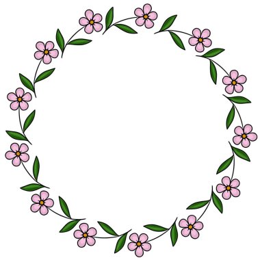 Yeşil yaprakları ve yumuşak sarı merkezleri olan zarif pembe çiçek çelengi taşıyıcısı..