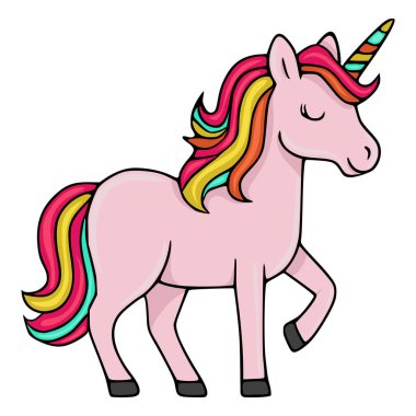 Vektör - Gökkuşağı renginde yelesi, kuyruğu ve boynuzu olan sevimli pembe tek boynuzlu at, beyaz bir arka planda izole edilmiş, tuhaf tasarımlar ve çocuk temaları için mükemmel..