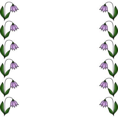 Yeşil yapraklı narin mor çan şeklindeki çiçekler büyüleyici bir dikey sınır oluşturur. Dekoratif arka planlar için uygun temiz bir vektör çizimi..