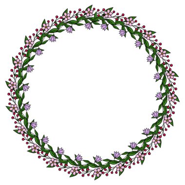 Zarif pembe çiçekli dekoratif vektör çelengi ve gür yeşil yapraklarla çerçevelenmiş canlı kırmızı böğürtlenler..