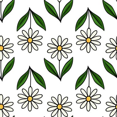 Beyaz arka planda yeşil yapraklı, kusursuz vektör desenli papatyalar taze ve kaprisli bahar estetiğini çağrıştırıyor..