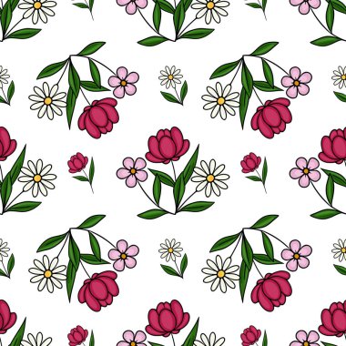 Temiz beyaz arka planda canlı yeşil yaprakları olan kusursuz pembe ve beyaz çiçek deseni taze bir bahar estetiğini çağrıştırıyor..