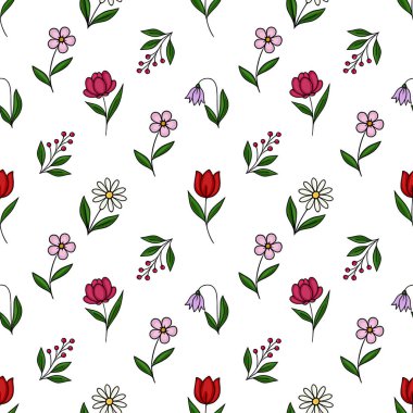 Nazik el yapımı kır çiçekleri ve böğürtlen filizlerinin kusursuz vektör deseni büyüleyici, kaprisli bir tarzda..