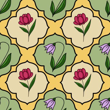 Dekoratif dörtlü folyo içinde yeşil yaprakları olan biçimlendirilmiş pembe ve mor çiçekleri içeren kusursuz bir vektör deseni ve soluk sarı ve soluk yeşil bir arkaplan üzerinde istiridyeli sınır tasarımı.