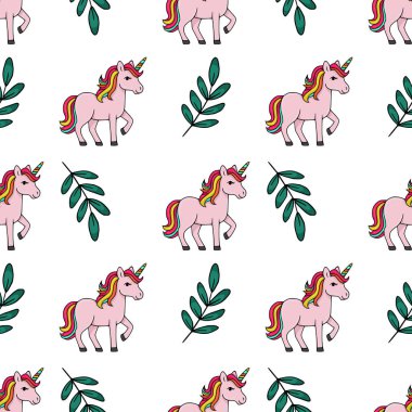 Gökkuşağı yeleli ve kuyruklu şirin pembe tek boynuzlu atlara sahip kusursuz vektör deseni, beyaz arkaplanda basit yeşil yaprak dallarıyla kesişiyor..