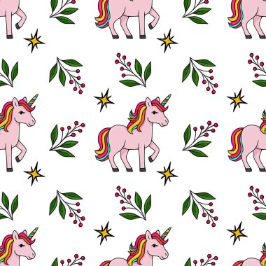 Pembe tek boynuzlu atların parlak gökkuşağı yeleleri, kırmızı böğürtlen dalları ve temiz beyaz arka planda stilize edilmiş sarı yıldızlarla iç içe geçtiği kusursuz vektör deseni..