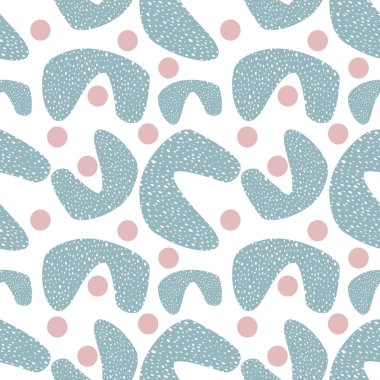 Soyut, organik şekillerin kusursuz vektör deseni. Beyaz bir arkaplanda, soluk gri ve yumuşak pembe aksanlı ince noktalı dokusu var..