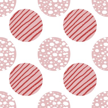 Beyaz arka planda kırmızı çizgili ve beyaz noktalı kusursuz pembe daireler..