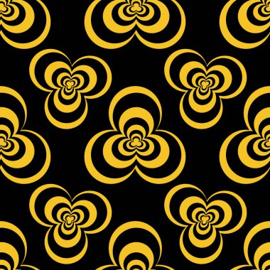 Siyah bir zemin üzerinde eşmerkezli altın kıvrımlar içeren soyut vektör şablonu hipnotik bir çiçek benzeri motif oluşturur..