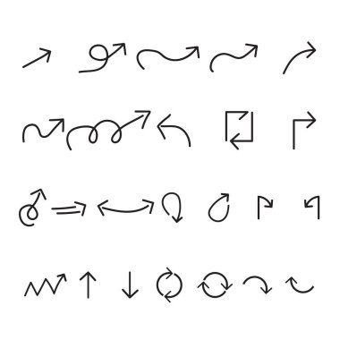 Ok kümesi. El çizimi ok simgesi izole edilmiş vektör elementleri