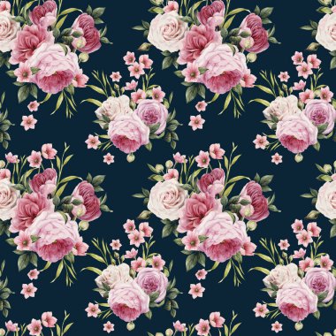 suluboya desensiz suluboya güller, şakayıklar, çiçekler ve beyaz arkaplanda pürüzsüz desenler