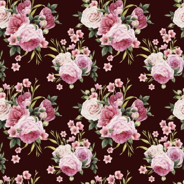 Pembe güller, çiçekler, böğürtlenler ve koyu arkaplanda yapraklarla sulu boya deseni