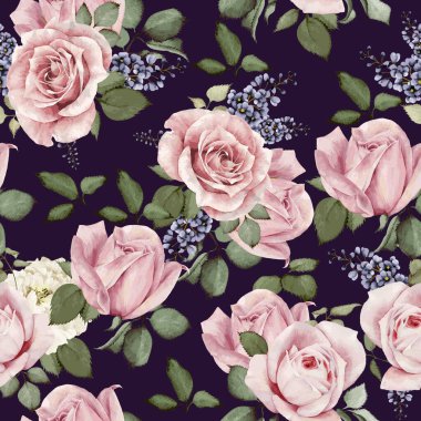 Gül ve şakayık desenli suluboya desen. el boyaması illüstrasyon