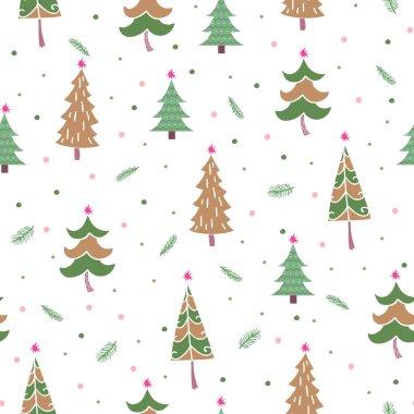 Noel ağaçları, çam dalları ve yıldızlarla kusursuz desen.