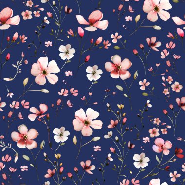 Koyu mavi arka planda çiçekler ve yapraklarla kusursuz desen