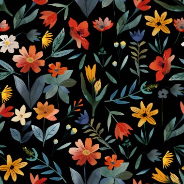 Renkli çiçeklerle boho çiçekli suluboya deseni. Çiçek deseni. Çiçeksiz desen. Botanik sanatı. Çiçek botanik koleksiyonu. suluboya botanik çizim.