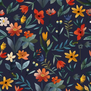 Renkli çiçeklerle boho çiçekli suluboya deseni. Çiçek deseni. Çiçeksiz desen. Botanik sanatı. Çiçek botanik koleksiyonu. suluboya botanik çizim.