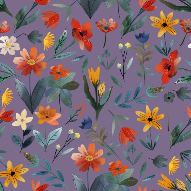 Renkli çiçeklerle boho çiçekli suluboya deseni. Çiçek deseni. Çiçeksiz desen. Botanik sanatı. Çiçek botanik koleksiyonu. suluboya botanik çizim.