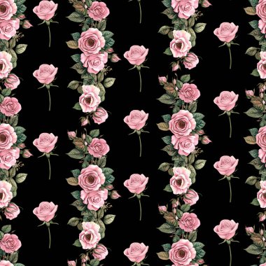 Pembe çiçekli kusursuz desen, suluboya çizimi