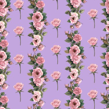 Pembe çiçekler, güller ve yapraklarla kusursuz desen. el çizimi resimleme.