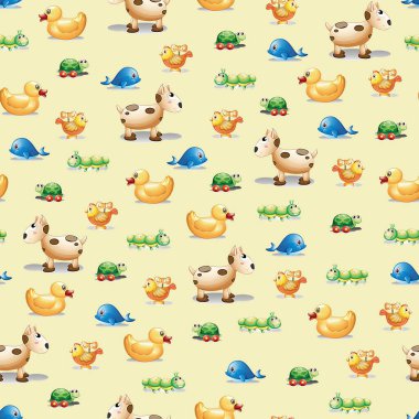 Komik hayvanları ve çiçekleri olan sevimli çizgi film desenleri.