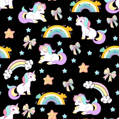 Gökkuşağı tek boynuzlu atı, yıldızı, bulutları ve yıldızları olan dikişsiz bir çizgi film deseni..