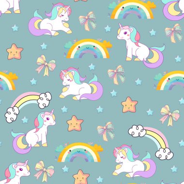 Güzel, pürüzsüz bir desen. Tek boynuzlu at, bulutlar, yıldızlar, bulutlar ve çiçekler çocuk kıyafetleri için arka planda, bebek partisi.