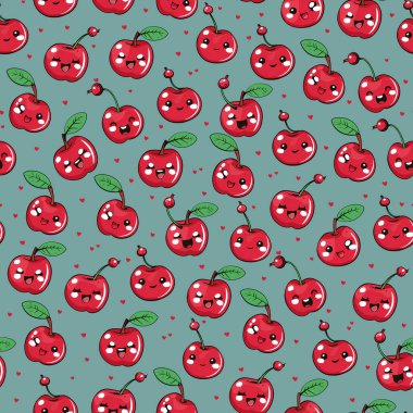 Elle çizilmiş kiraz ve elmayla kusursuz desen. Çizim. kumaş, tekstil, ambalaj, kapak, duvar kağıdı tasarımı.